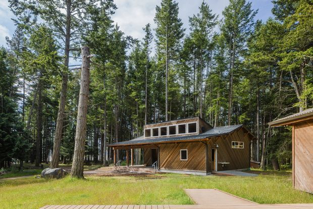 Exterior view of a contemporary timber-clad house set within a dense forest. The single-storey building has a low-pitched metal roof, a raised clerestory-style window band, large glazed openings, and a covered outdoor deck or entry terrace. A separate timber outbuilding is partially visible at right, with lawn and paved pathways in the foreground.