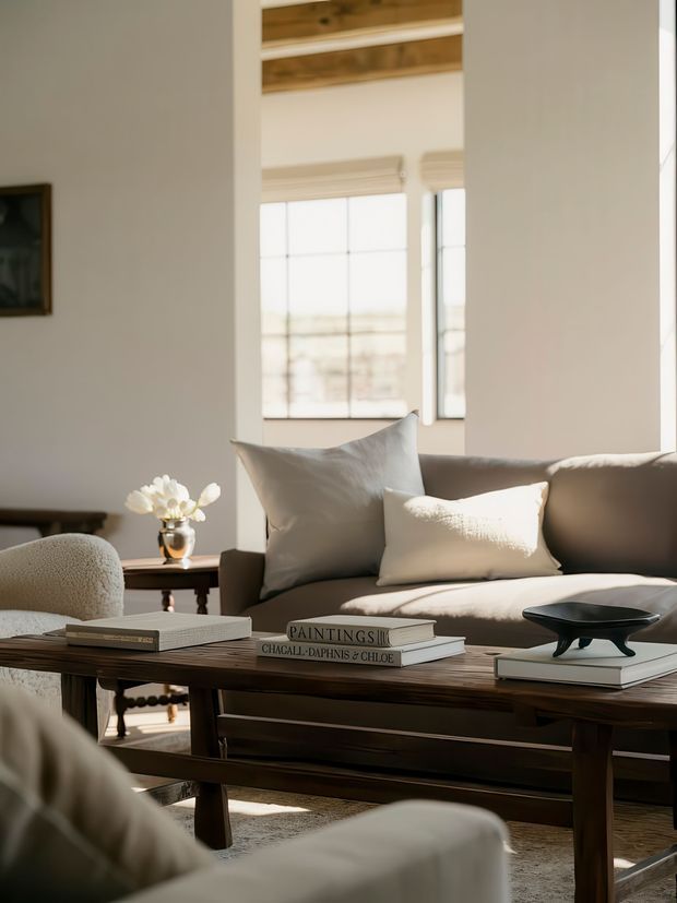 Warm, softly lit living room with a dark timber coffee table, neutral upholstered sofa and armchairs, stacked art books, and a sculptural black bowl. Large divided-pane windows bring in strong natural light, while exposed timber ceiling beams add architectural character. The palette is restrained and earthy, with a refined, inviting atmosphere.