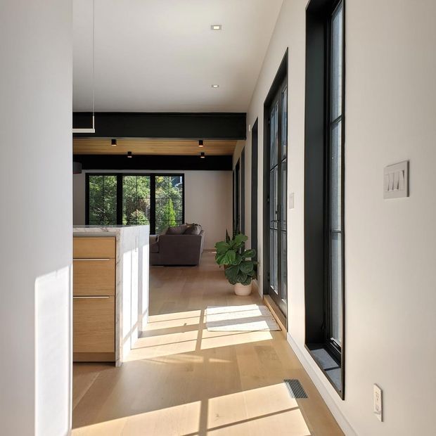 A bright, modern open-plan interior viewed along a hallway or circulation space beside a kitchen island, leading toward a living area. The room features pale timber flooring, white walls and ceiling, black-framed floor-to-ceiling windows and doors, dark ceiling beams or bulkheads, and warm timber kitchen cabinetry. Strong sunlight creates geometric shadows across the floor, with a potted plant and grey sofa visible in the background.