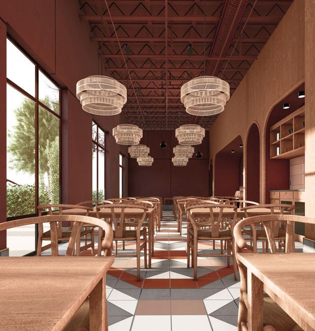 A warm, high-ceilinged contemporary dining venue or cafe with rows of timber tables and curved-back wooden chairs. Large industrial-style windows line the left side, while the right wall features arched openings, built-in shelving, and service joinery. Multiple woven pendant chandeliers hang beneath an exposed steel-truss ceiling with visible ductwork. The patterned geometric tile floor combines white, grey, terracotta, and dark accents, creating a refined hospitality interior.