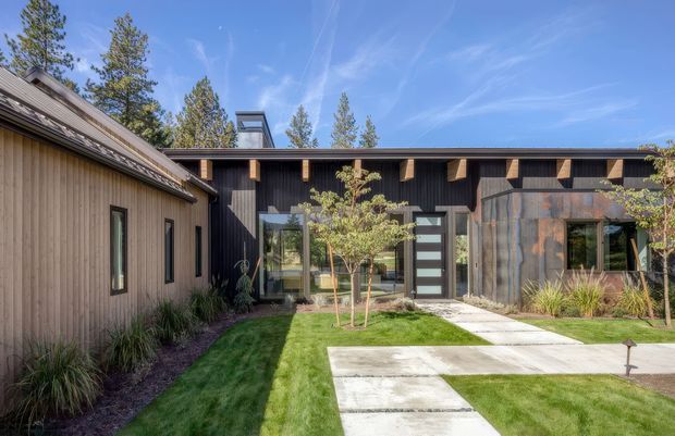 A contemporary single-storey residential courtyard exterior with dark vertical timber cladding, a lighter timber-clad wing, expansive glazing, and a flat roofline. Concrete stepping slabs cross a manicured lawn toward the recessed entry, with ornamental grasses and young trees integrated into the landscaped courtyard.