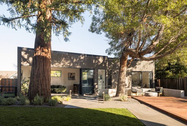Single-storey modern residence viewed from a landscaped backyard, with a restrained flat-roofed dark rendered facade, extensive glazing, concrete paving, and a large timber deck. Mature trees frame the house and a minimal outdoor seating area is visible through the openings and on the deck.