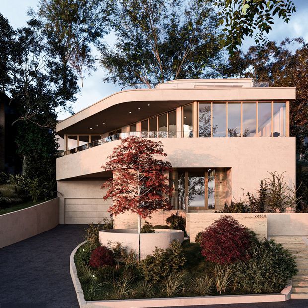 Exterior view of a contemporary multi-level residence set within a landscaped suburban garden. The house has a sculptural curved roof and balcony canopy, pale rendered walls, extensive floor-to-ceiling glazing with slim warm-toned frames, and an integrated garage. Curved garden beds, layered ornamental planting, and a paved entry path soften the modern facade.