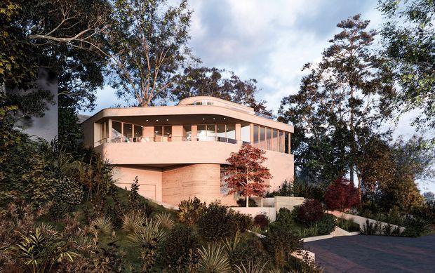 A contemporary two-storey residence nestled within mature landscaped vegetation. The building features a rounded, gently curved roofline and upper-level wraparound glazing with slender vertical framing, supported by broad curved walls and a projecting lower volume. Warm pale terracotta or pink-toned exterior surfaces contrast with dark window frames and dense natural planting. A paved driveway and stepped garden path lead toward the house.