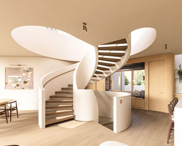 A bright, refined open-plan interior dominated by a sculptural white spiral staircase with curved balustrades and floating timber-toned treads. Pale timber flooring, warm beige walls and ceiling, light wood cabinetry, a compact curved island or bar, dining seating, and large windows create a contemporary residential space. The staircase connects two levels and forms the main architectural feature.
