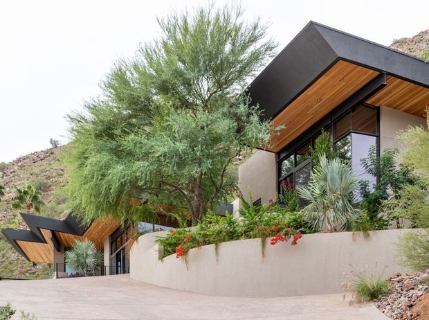Exterior view of a contemporary hillside residence integrated into a rocky, arid landscape. The home features angular dark roof forms, extensive black-framed glazing, warm timber soffits, pale rendered walls, and drought-tolerant desert planting along a curved retaining wall and driveway.