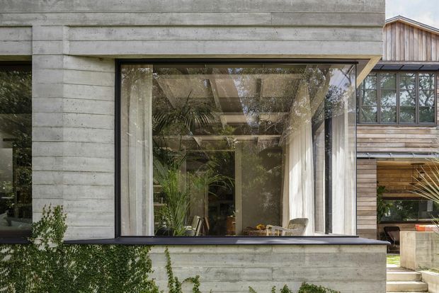 Exterior view of a contemporary residential extension combining a broad concrete-framed glazed opening with warm timber weatherboard cladding and dark-framed windows. Indoor planting and furniture are visible through the glazing, while a small paved entry and garden planting sit beside the building.