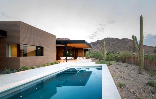 Contemporary single-storey desert residence with horizontal brown cladding, expansive glazing, and a covered outdoor living area beside a long rectangular swimming pool. Tall columnar cacti, rocky mountains, gravel landscaping, and a timber privacy fence create a stark arid setting.