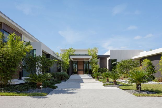 A bright contemporary single-storey residence viewed from the front driveway, with a broad paved approach leading to a covered central entry. The building has low, horizontal flat-roofed wings, crisp white rendered or panelled walls, dark timber-toned cladding, extensive glazing, and structured drought-tolerant landscaping with cycads, palms, shrubs, gravel, and concrete stepping paths.