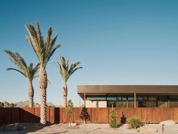 Exterior view of a low, contemporary single-storey building behind a tall rust-toned timber or metal privacy fence. The building has a broad flat roof with deep overhangs, extensive horizontal glazing, and slender structural posts. A dry, desert-style landscape with mature palm trees, gravel, rocks, and sparse drought-tolerant planting surrounds the property.