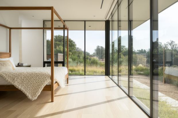 A bright, minimalist bedroom with a four-poster timber bed, white bedding, pale timber flooring, and extensive black-framed floor-to-ceiling glazing. The glazing opens visually onto a natural landscaped setting and brings strong daylight into the room. Clean white walls and a simple, restrained palette create an airy contemporary atmosphere.