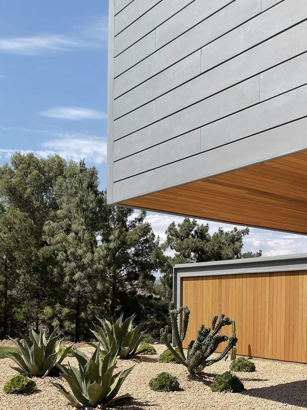 Modern residential exterior detail showing a projecting upper volume clad in pale horizontal panels, with a warm timber soffit and a matching timber-clad garage or outbuilding below. The building is set within a dry, gravelled xeriscape garden with agave, succulents and cacti, backed by mature trees and a blue sky. The composition emphasises clean geometric lines, contrasting light cladding and timber, and a strong cantilevered form.