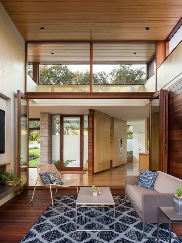 A bright, double-height modern living room with extensive timber detailing and large glazed openings. The room includes a pale sofa, sculptural lounge chair, geometric area rug, low coffee table, and dark timber flooring. Timber-lined ceilings, exposed timber-framed glazing, built-in timber cabinetry, and a partially visible open-plan kitchen or hallway create a warm connection to the landscaped garden outside.