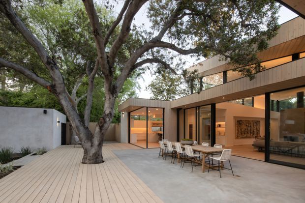 A contemporary multi-level residential courtyard framed by a mature tree, with warm-toned vertical timber-clad volumes, expansive dark-framed glazing, and a broad concrete terrace furnished with an outdoor dining table and chairs. A timber deck extends around the tree, while the open-plan interior and warm lighting are visible through the glazing.