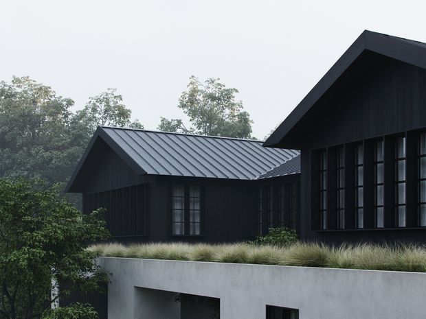 Exterior view of a contemporary dark-clad residence composed of overlapping pitched-roof volumes. The upper structure features near-black vertical cladding, dark standing-seam metal roofs, and large multi-pane windows. A pale concrete lower level and a planted terrace with ornamental grasses create contrast, with mature trees in the background.