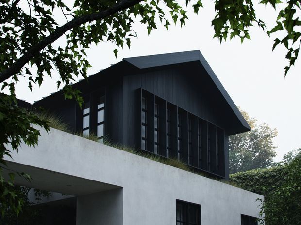 Exterior view of a contemporary two-level residence, showing a dark vertically clad upper volume with a prominent pitched roof and tall narrow windows above a smooth light-rendered lower level. Mature tree foliage and planting partially frame the building.