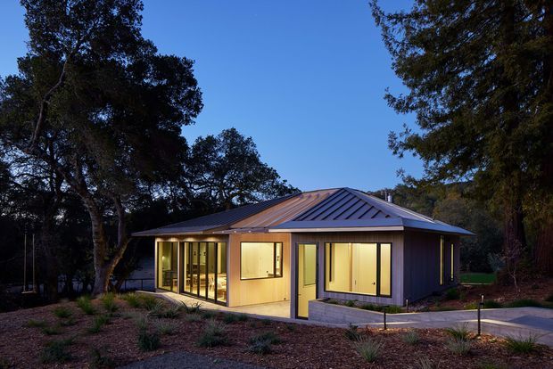 A single-storey contemporary pavilion-style house photographed at dusk, set among mature trees and landscaped native-style planting. The compact building has a low hipped metal roof, dark vertical exterior cladding, warm timber-toned wall panels, and extensive floor-to-ceiling glazing with illuminated interiors visible. A paved walkway and driveway approach the house.