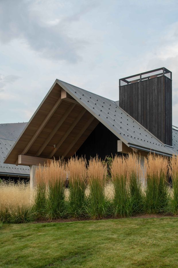 Exterior view of a contemporary alpine-style building with a steep asymmetrical gable roof, exposed timber soffit and framing, dark vertical timber cladding, and a tall enclosed rooftop or chimney-like volume with a metal railing. Ornamental grasses and a manicured lawn occupy the foreground beneath an overcast sky.