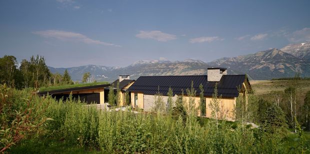 A low-profile modern house set in a lush rural or alpine landscape, with dark standing-seam pitched roofs, warm timber-clad walls, broad glazing, and a connected lower-roof wing. A dramatic mountain range is visible behind the property, while dense natural vegetation surrounds the building.