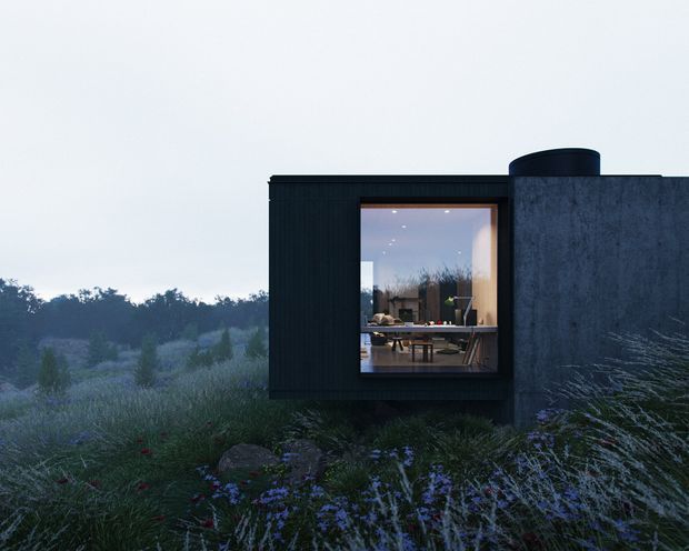 Exterior view of a dark, minimalist single-storey building set within a natural landscaped site. The facade combines near-black vertical cladding with a contrasting textured dark wall and a large illuminated window revealing a dining area inside. A cylindrical rooftop element is visible above the wall, while meadow planting and low vegetation surround the building in a subdued dusk setting.