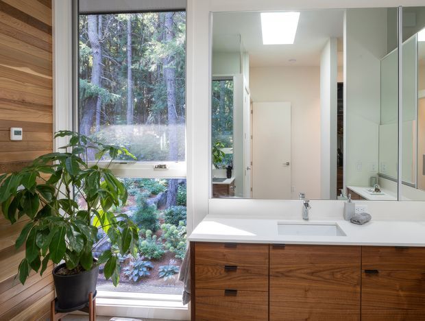 Bright contemporary bathroom vanity area with a wide white benchtop, integrated rectangular basin, chrome tapware, large mirrored wall cabinets, and warm timber-grain cabinetry. A full-height window beside the vanity overlooks a lush wooded garden, while vertical timber wall panelling and a potted plant add natural warmth.