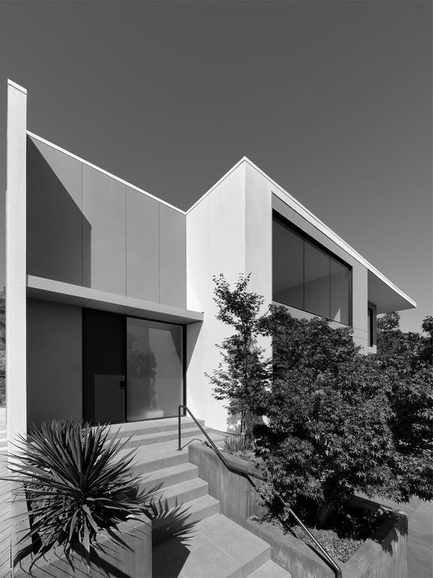 Black-and-white architectural photograph of a modern two-storey residential facade. The angular building has crisp geometric forms, a prominent pitched/sloping roofline, smooth light rendered walls, dark vertical cladding panels, large recessed glazing, and a stepped concrete entry with metal handrails. Dense landscaping and raised concrete planters frame the approach.
