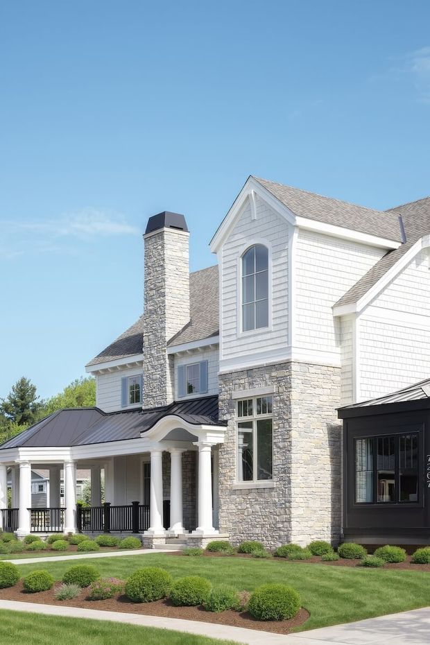 A bright exterior view of a substantial multi-storey house with white shingle and weatherboard cladding, pale stone veneer, multiple gabled roof forms, a tall stone chimney, and a covered front porch supported by white columns. Black metal roofing, railings, and a dark projecting entry volume provide contrast. The home is set within manicured lawns and neatly clipped garden beds under a clear blue sky.