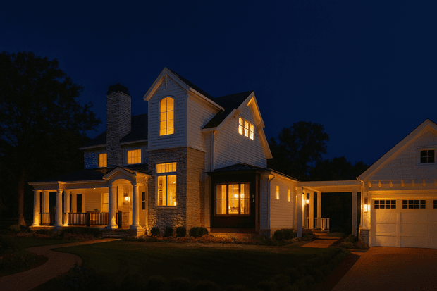 A large multi-part suburban house photographed at dusk, with warm interior and exterior lighting highlighting a stone-and-weatherboard facade, steep gabled roof forms, prominent chimney, covered front porch, and an attached garage connected by a covered link. The landscaped front yard and curved walkway are visible in the foreground.