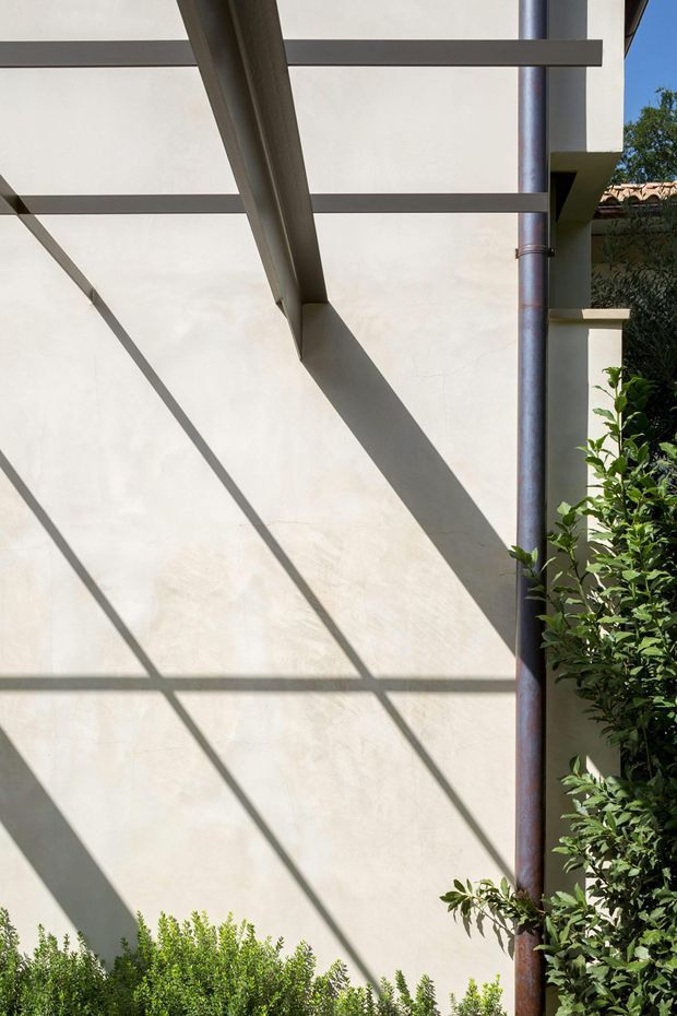 Close-up exterior architectural detail showing a pale rendered wall, dark exposed steel pergola or canopy beams casting strong geometric shadows, and a vertical metal downpipe. Dense green planting borders the wall at the right and bottom edges. Bright sunlight emphasizes the contrast between the light facade and structural shadows.