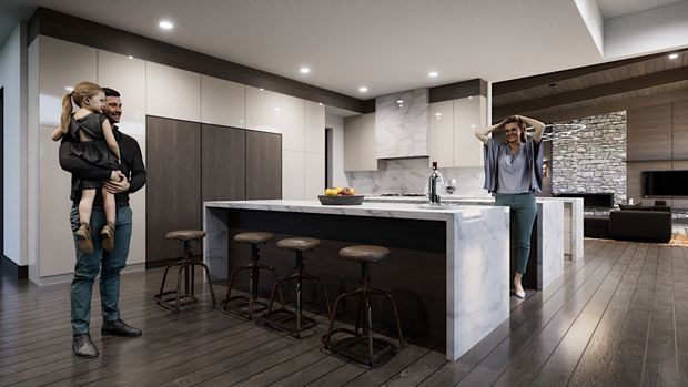 A contemporary open-plan kitchen with a large dark island, four stools, integrated light cabinetry, and a white marble-look waterfall benchtop. A textured stone feature wall and adjacent living area are visible beyond the kitchen. The room has dark timber flooring, recessed ceiling lights, and a neutral monochromatic palette. People are present in the scene.