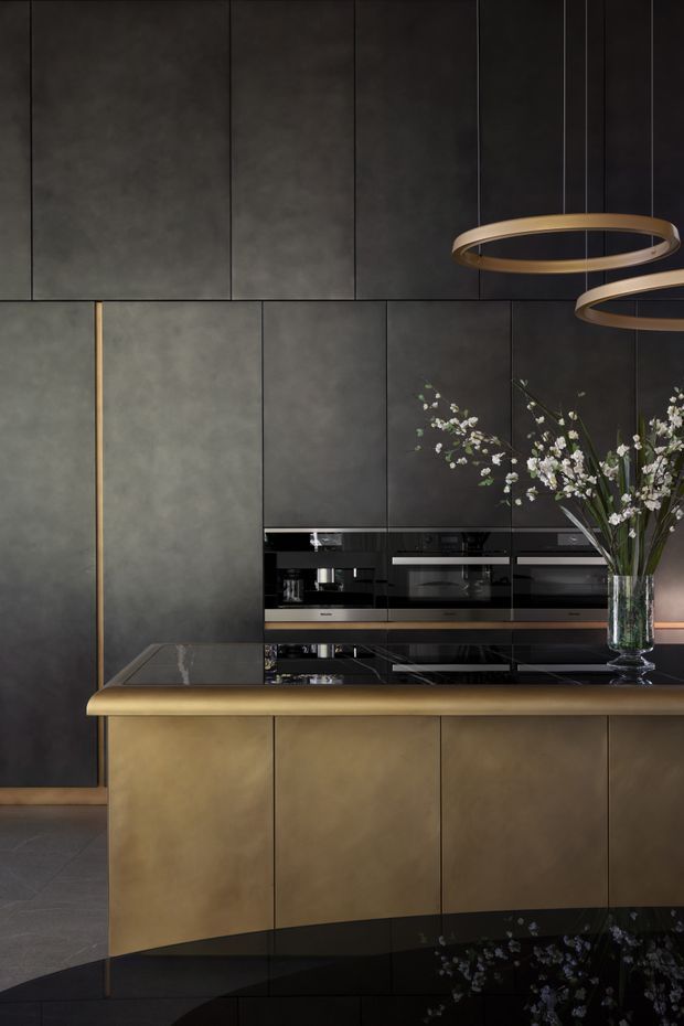 A dramatic, dark-toned contemporary kitchen with full-height charcoal wall cabinetry and integrated black appliances. The island features brushed brass-gold cabinetry and trim beneath a glossy black benchtop, complemented by a sculptural suspended ring pendant light and a tall floral arrangement. The space has a refined, luxurious, high-contrast atmosphere.