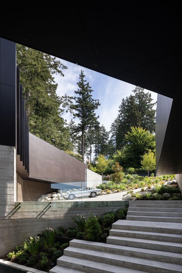 A dramatic contemporary residential entry courtyard viewed from a lower level, with broad concrete steps rising through landscaped garden beds toward a partially visible house and garage. The composition features dark angular roof planes and wall cladding, exposed concrete retaining walls, a glass balustrade or glazing edge, and a cantilevered architectural form. Mature evergreen trees and layered planting surround the building, while a vehicle is visible through the glazing in the background.