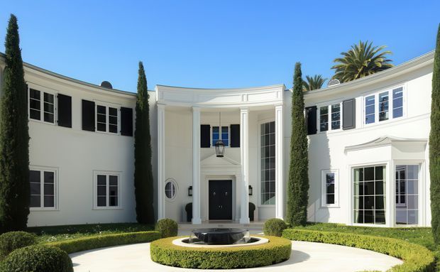 Formal frontal view of a grand white classical-style residence arranged around a landscaped courtyard. The symmetrical façade features a columned portico, tall multi-pane windows with dark shutters, decorative classical mouldings, a black entry door, clipped hedges, cypress trees, and a circular central fountain.