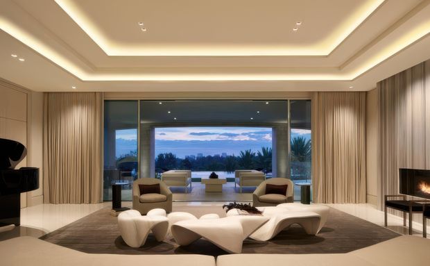 A luxurious contemporary living room with a symmetrical layout, floor-to-ceiling glazing, layered recessed ceiling details, full-height curtains, sculptural cream seating, and a dark area rug. A grand piano is visible on the left and a fireplace on the right, while the glazing opens to a distant city and landscape view.