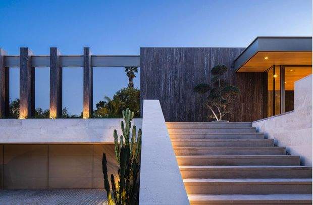 A dusk exterior view of a contemporary residence entry, featuring broad concrete steps, white rendered retaining walls, dark vertically textured cladding, a timber-lined roof soffit, and a striking sculptural cactus in the foreground. A dark structural pergola or screen frames the left side, with warm architectural lighting accenting the entry and landscaping.