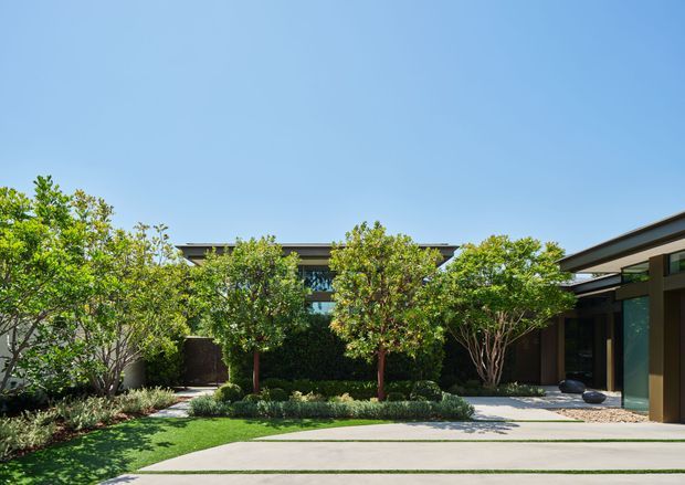 A contemporary low-profile residential exterior viewed from a landscaped front driveway or entry court. The house has broad horizontal rooflines, dark framed glazing, and a covered entry projecting from the right side. A manicured garden with clipped hedges, small ornamental trees, lawn, gravel, and layered planting softens the facade under a clear blue sky.