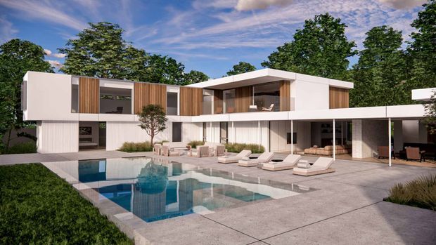 A refined contemporary two-storey residence arranged around a large outdoor pool terrace. The home features crisp white rendered volumes, extensive glazing, warm vertical timber cladding, deep roof overhangs and covered outdoor living areas. The landscaped setting includes mature trees, lawn, ornamental planting and a geometric swimming pool with pale concrete paving and poolside loungers.