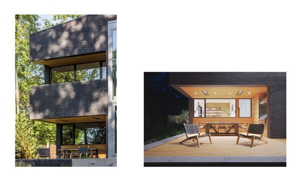 Collage showing a contemporary dark-clad multi-level house set among trees and a covered outdoor living area. The main exterior view features a timber deck, outdoor dining table and chairs, large glazed openings, dark masonry or cladding, and a warm timber-lined ceiling with recessed lighting.