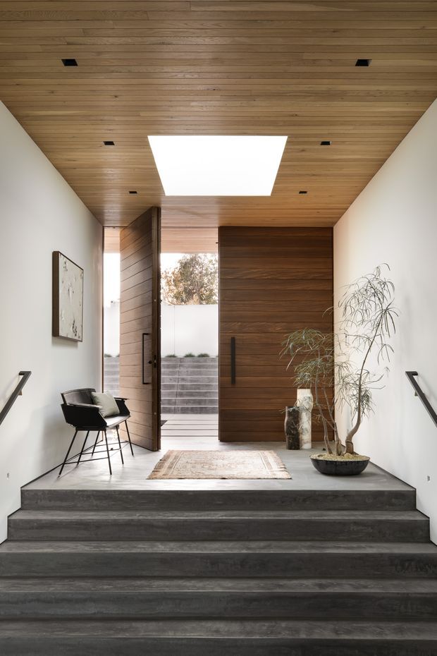 A refined modern entryway viewed from a short flight of broad dark steps. White walls frame a warm horizontal timber-lined ceiling with recessed downlights and a large rectangular skylight. A substantial dark timber pivot door opens toward an outdoor courtyard, while a smaller timber-clad door, slim black handrails, a framed artwork, black lounge chair, rug, and sculptural potted tree complete the minimalist composition.
