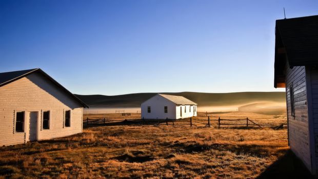 A rural landscape with several simple weatherboard buildings spread across a dry, fenced field. The foreground structures have pitched roofs, horizontal timber cladding, and small rectangular windows and doors. Low dark hills and open grassland extend into the background under clear late-afternoon light.