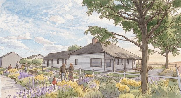 A hand-rendered architectural landscape illustration depicting a single-storey weatherboard home with a hipped roof, front porch, low fencing, and extensive informal planting. People walk through the garden, with mature trees and open countryside visible beyond.
