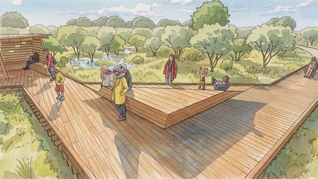 Illustrated architectural concept showing a large elevated timber boardwalk and viewing platform weaving through a landscaped park or natural reserve. Visitors are walking, sitting, and gathering on the deck, with a small timber shelter at the left and mature trees and planting surrounding the structure.