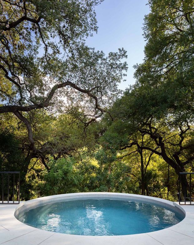 A curved swimming pool set into a pale paved terrace, surrounded by dense mature woodland and framed by dark metal railings. Sunlight filters through the tree canopy, creating a tranquil, secluded outdoor setting.