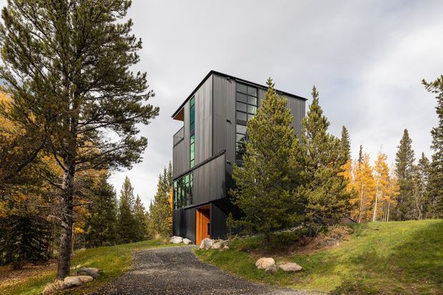 A narrow, multi-storey contemporary house set among tall coniferous and autumn trees on a sloping, landscaped site. The dark vertical-clad facade features extensive floor-to-ceiling glazing, projecting upper volumes, and a partially recessed entrance with warm timber detailing. A gravel driveway or walkway leads toward the building.