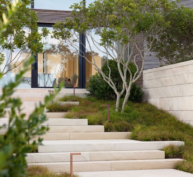 Exterior view of a contemporary residence approached by broad, pale stone-clad stepped terraces. The landscaped entry features ornamental trees, grasses, shrubs and slim rust-coloured handrails. Large dark-framed glazed doors or windows open toward a warm interior, while horizontal dark slatted screening and a pale rendered masonry boundary wall define the facade.