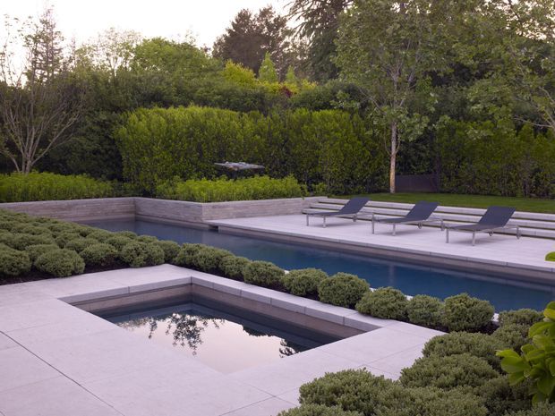 A landscaped residential pool area featuring a long rectangular swimming pool and a smaller square plunge pool, both surrounded by pale stone or concrete paving. Dark contemporary sun loungers line the main pool, while clipped shrubs, hedges, mature trees, and layered garden planting create a private, highly manicured setting.