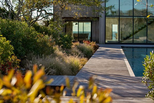 A landscaped modern residential exterior with a timber deck walkway leading alongside a rectangular swimming pool toward a dark-framed, floor-to-ceiling glazed façade. Dense ornamental planting and grasses soften the contemporary architecture, while an interior staircase is visible through the glazing.