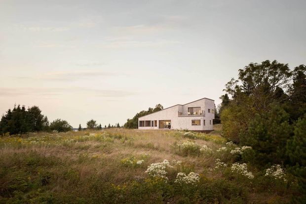 A detached two-storey contemporary house set within a broad natural meadow, viewed from a distance. The residence has a simple pale masonry facade, a stepped or asymmetrical pitched roofline, rectangular windows, and an extended lower wing. Dense trees frame the property, while wild grasses and flowering plants fill the foreground.