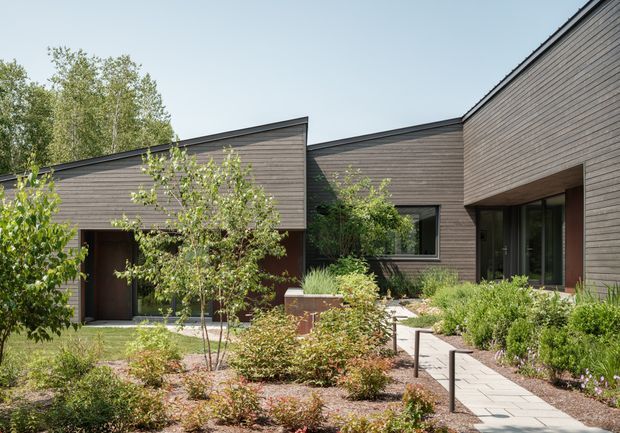 A low-profile contemporary house arranged around a landscaped courtyard. The building features dark horizontal timber cladding, sharply angled mono-pitched roof forms, deep recessed entrances, and large dark-framed windows. A paved walkway passes through layered planting beds with shrubs and small deciduous trees toward the sheltered entry.