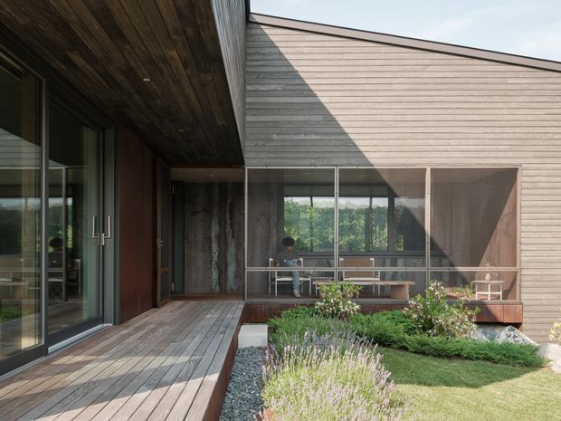 A contemporary single-storey residential exterior viewed from a timber deck and landscaped courtyard. The facade combines dark timber soffits and wall panels with pale horizontal weatherboard cladding, large glazed sliding doors, and a screened outdoor or semi-enclosed living area. A low-pitched roofline, structured garden beds, lawn, and flowering planting frame the composition.